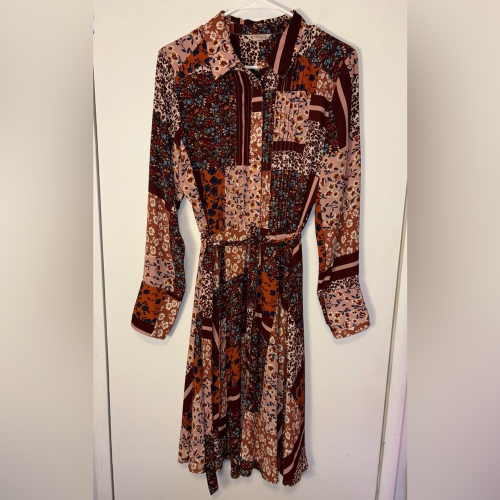 NANETTE LEPORE Button Up Patchwork Shirtdress Tie Waist Pintuck Long Sleeve Sz 8 - Picture 2 of 10